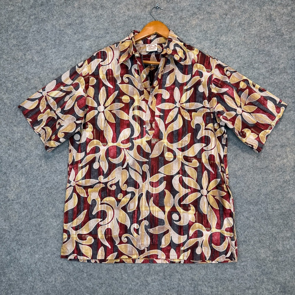 Go Barefoot Hawaiian Aloha Shirt Mens Large Hombre Pareau Placket Reverse Print